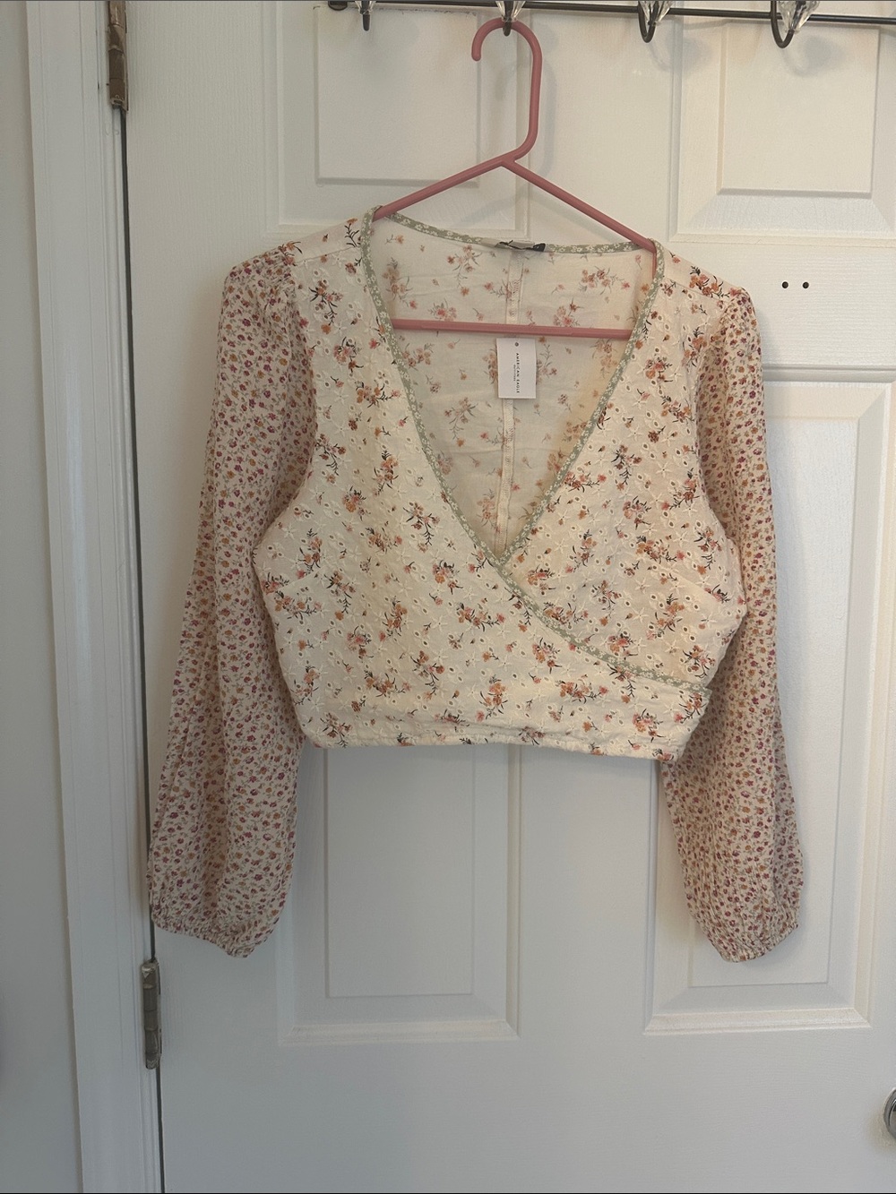 American Eagle Outfitters Cream Floral Wrap Crop Top with Pink Accents